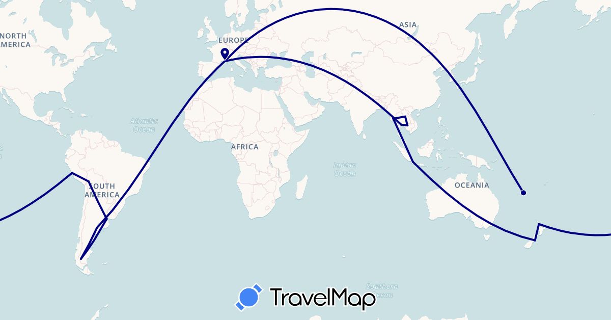 TravelMap itinerary: driving in Argentina, Bolivia, France, Indonesia, Cambodia, Laos, Myanmar (Burma), New Caledonia, New Zealand, Peru, Thailand (Asia, Europe, Oceania, South America)